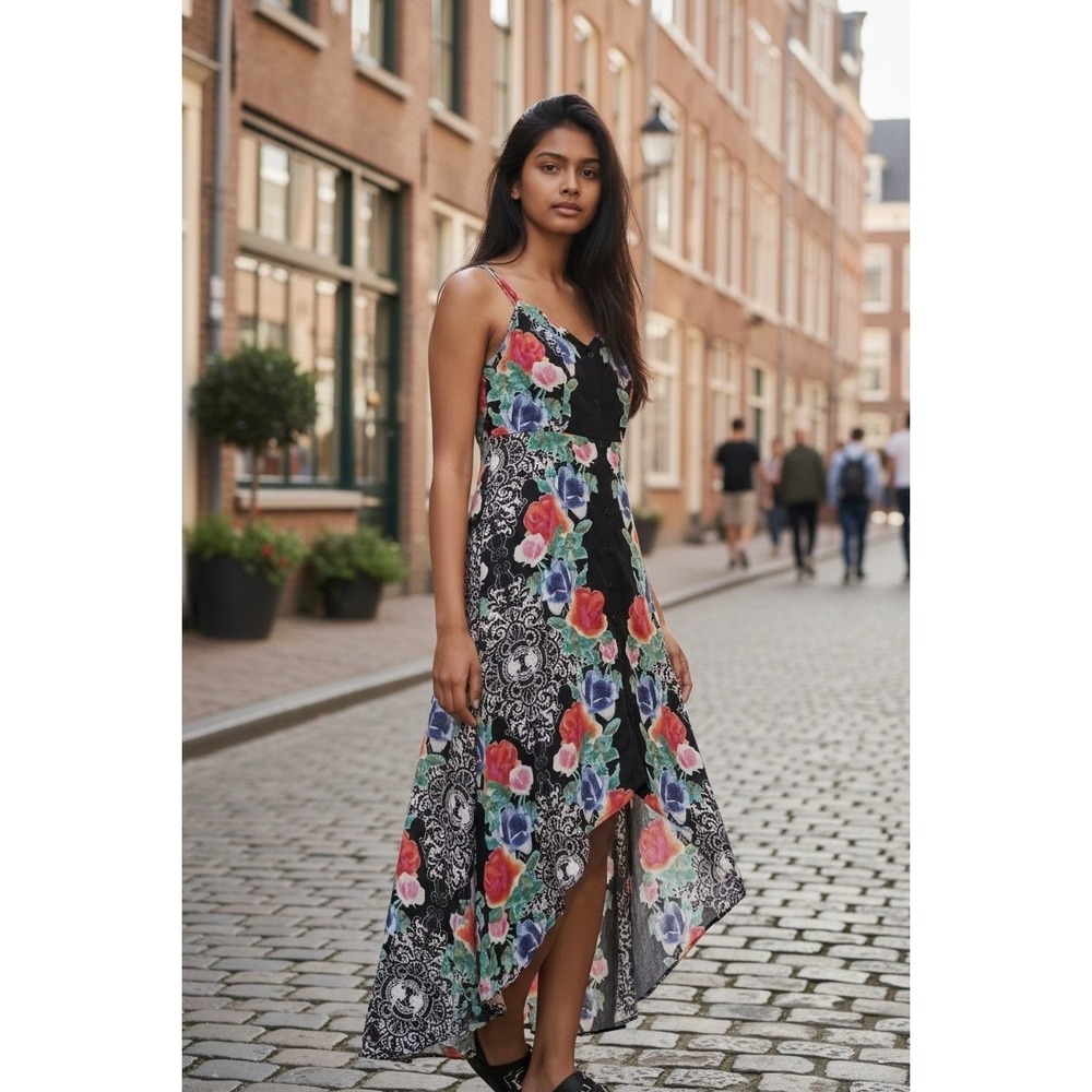 Y2K‎ Abstract Floral Print Midi Dress Button Front Spaghetti Strap High Low L